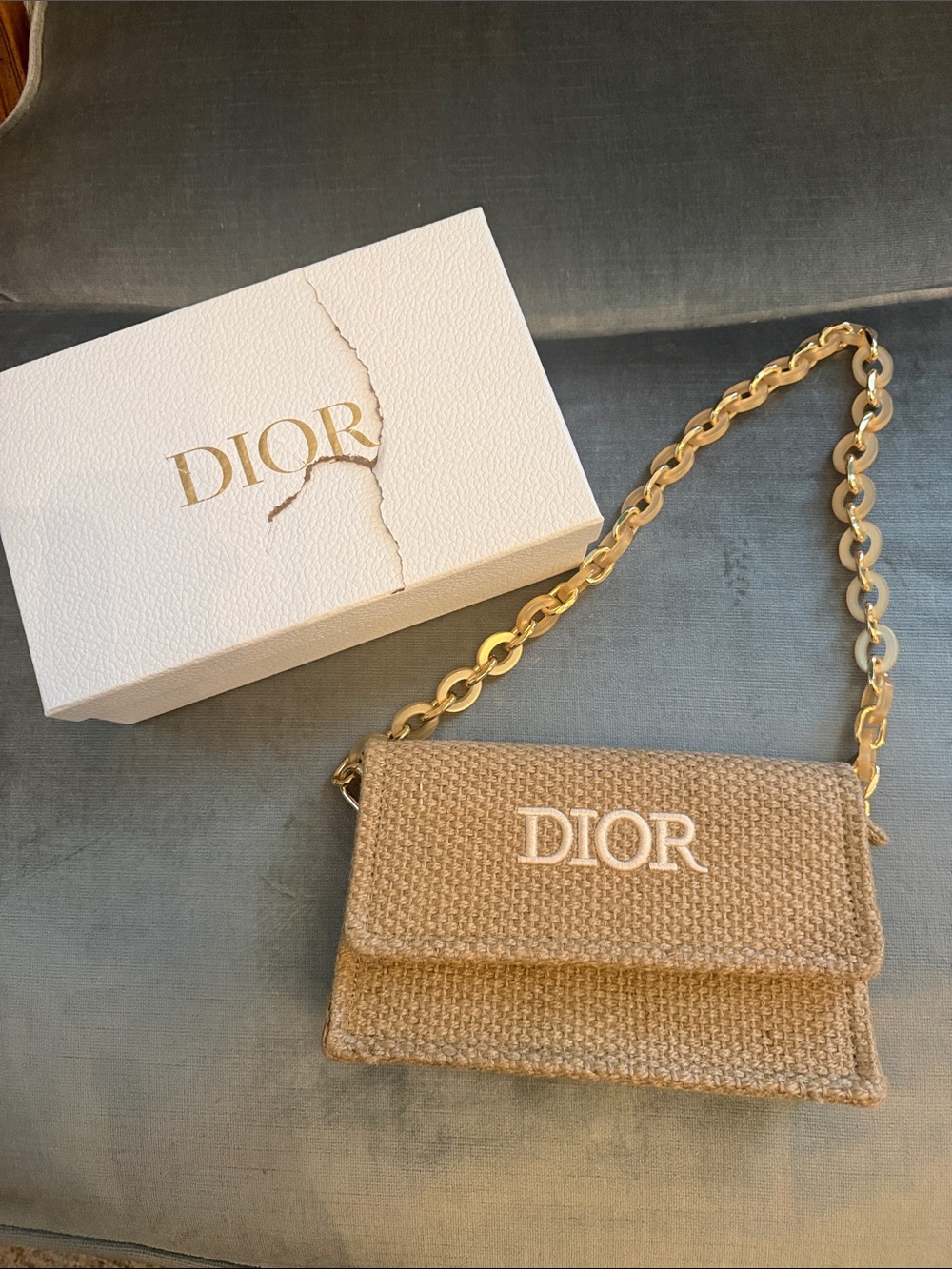 Dior Beige Raffia Crossbody with Gold Chain and Logo